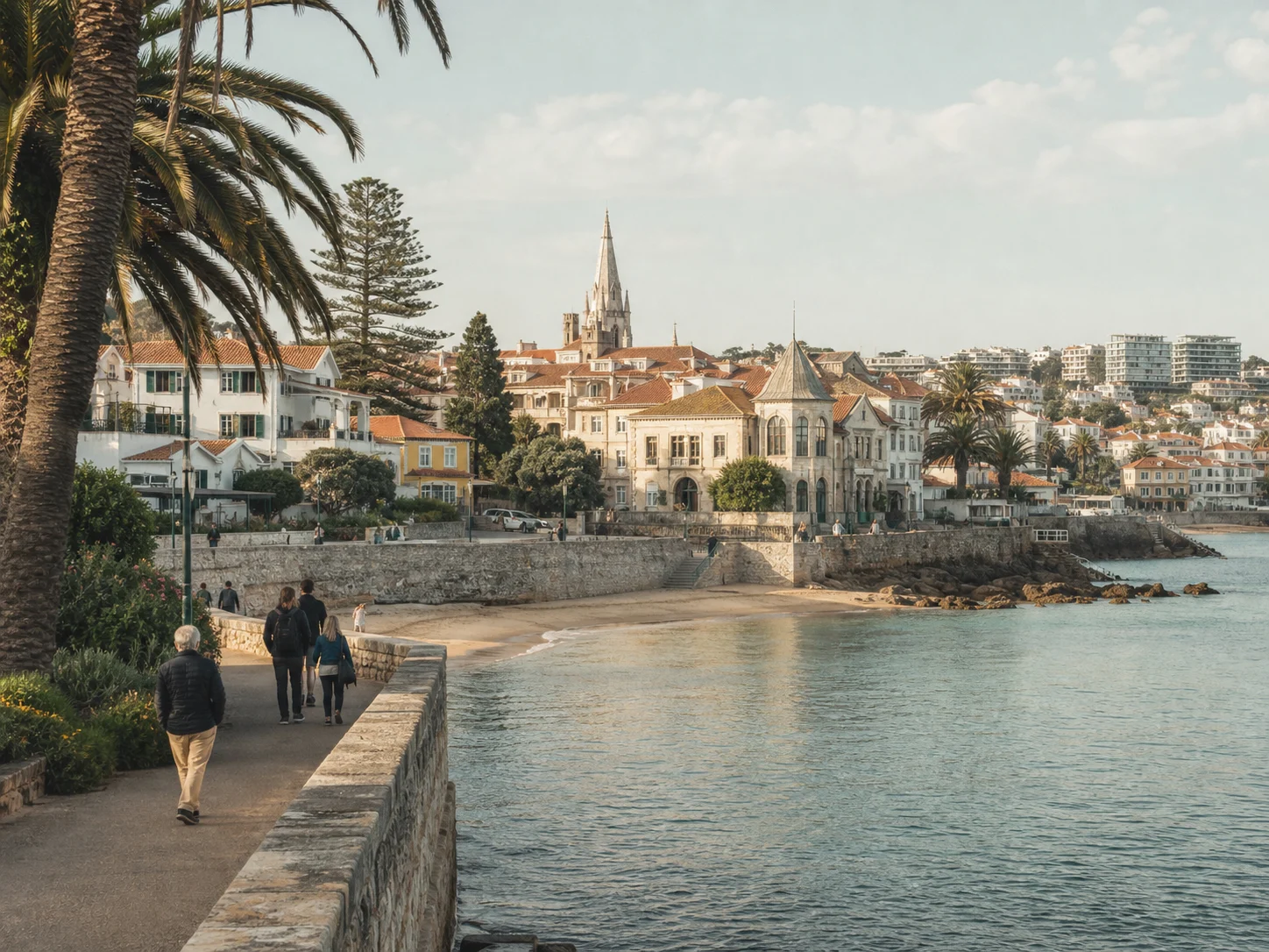 Cascais waterfront and historic center beside the Atlantic in warm evening light