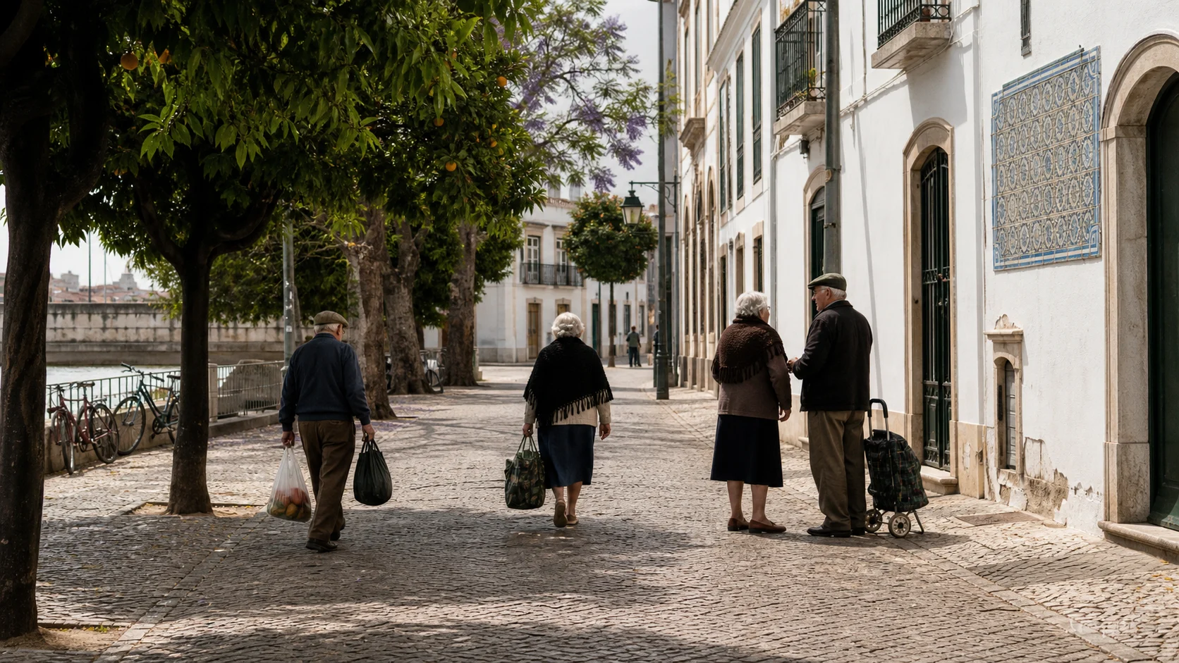 Tavira streets and shaded public space showing ordinary Algarve daily life