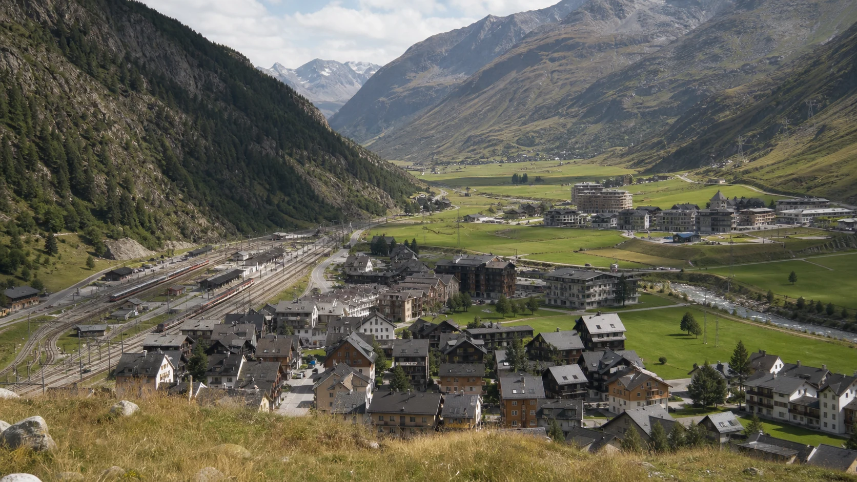 Andermatt village and railway in the Ursern Valley
