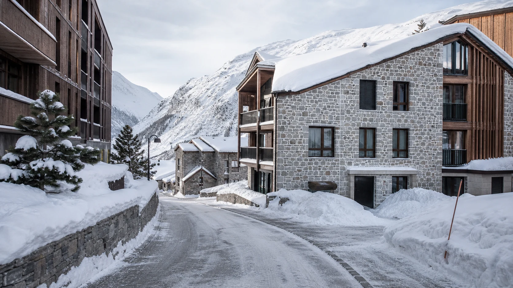 Snow-covered Andermatt residential buildings beside a cleared mountain road