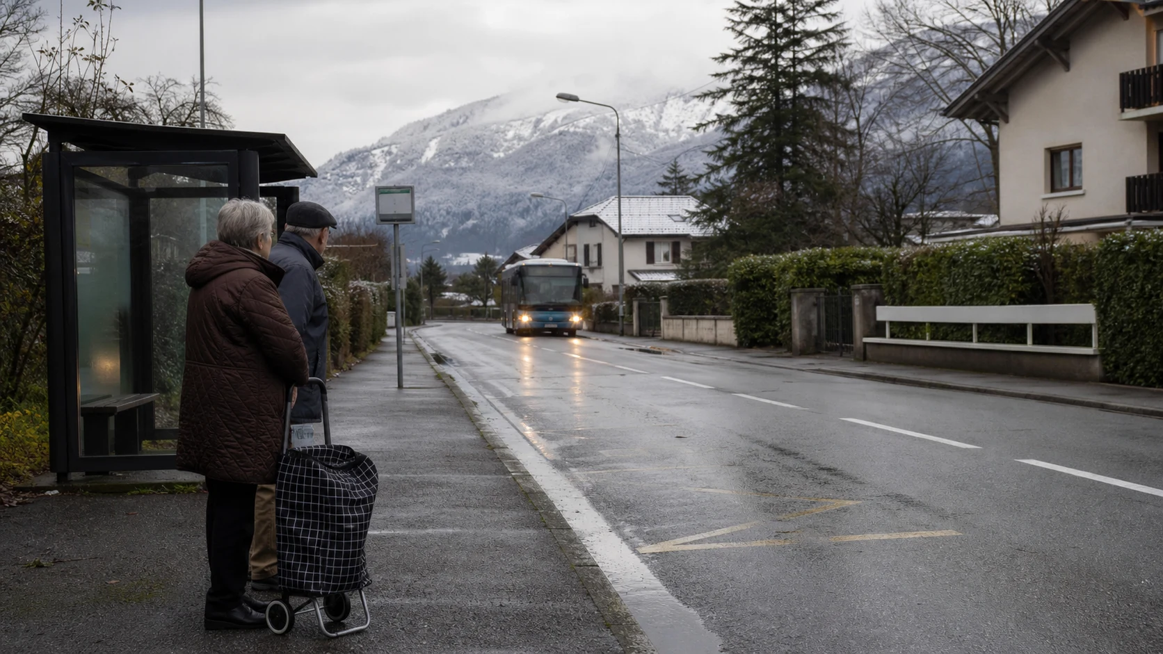 Mature residents waiting for a local bus near Annecy during a wet winter morning