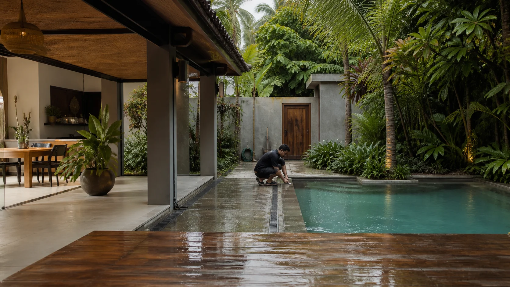 Well-maintained tropical villa courtyard prepared for everyday use