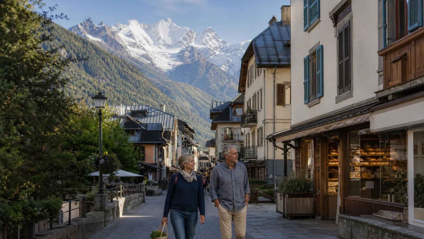 Older couple walking through Chamonix Centre with Mont Blanc above the town
