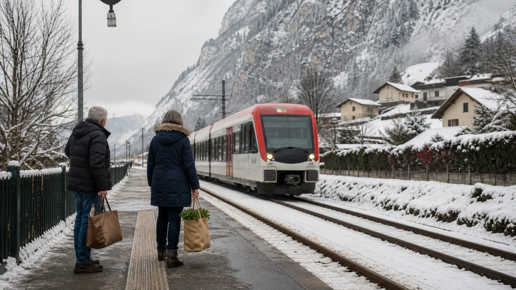 Mont-Blanc Express train serving a snowy Chamonix valley station