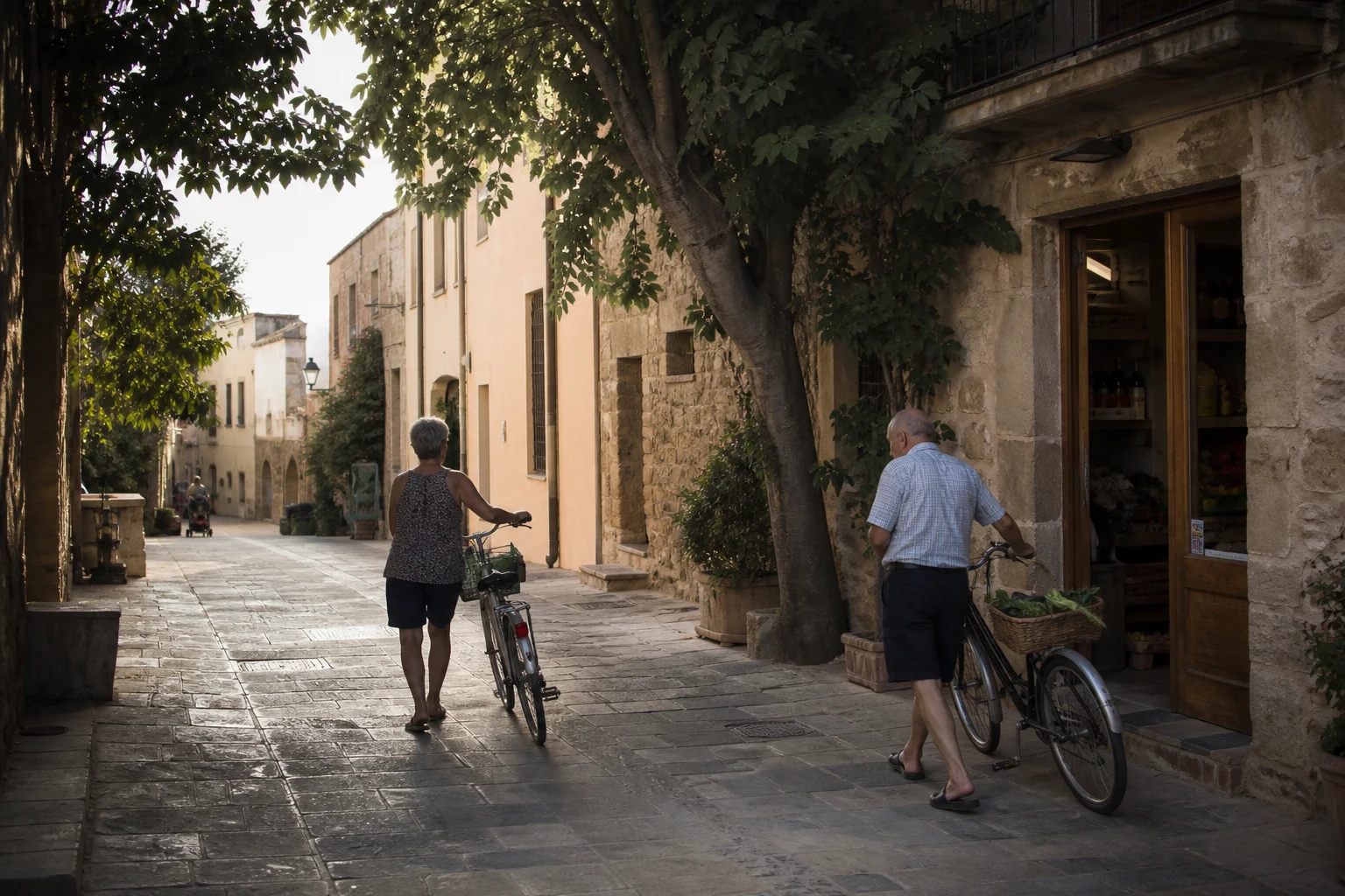 Everyday street in a stone Baix Empordà village with residents and bicycles