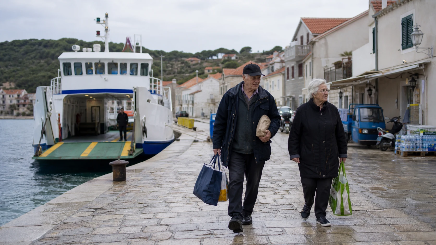 Residents carrying groceries from a ferry along a Croatian island quay