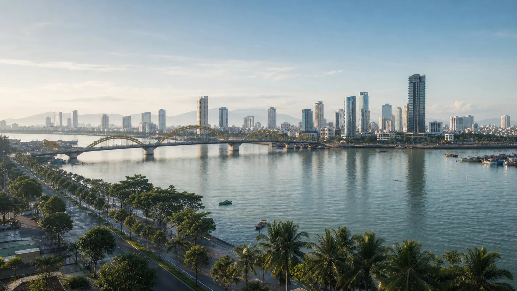 Da Nang Han River skyline, bridges and coast in clear morning light