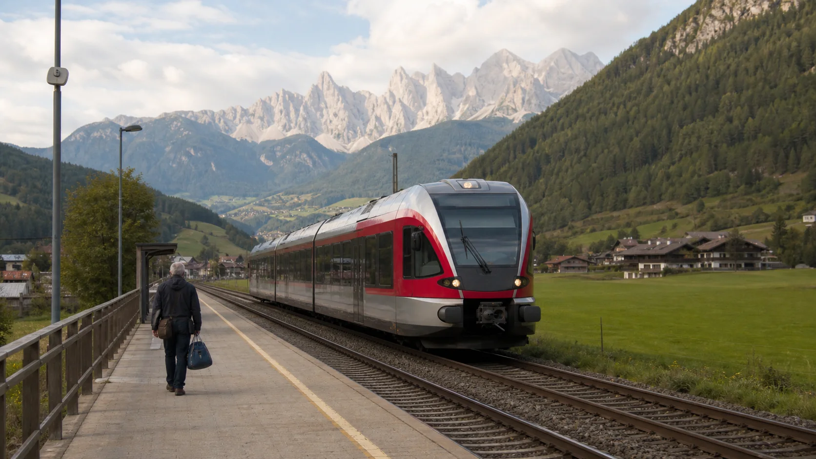 Regional train crossing the Pusteria valley near Valdaora