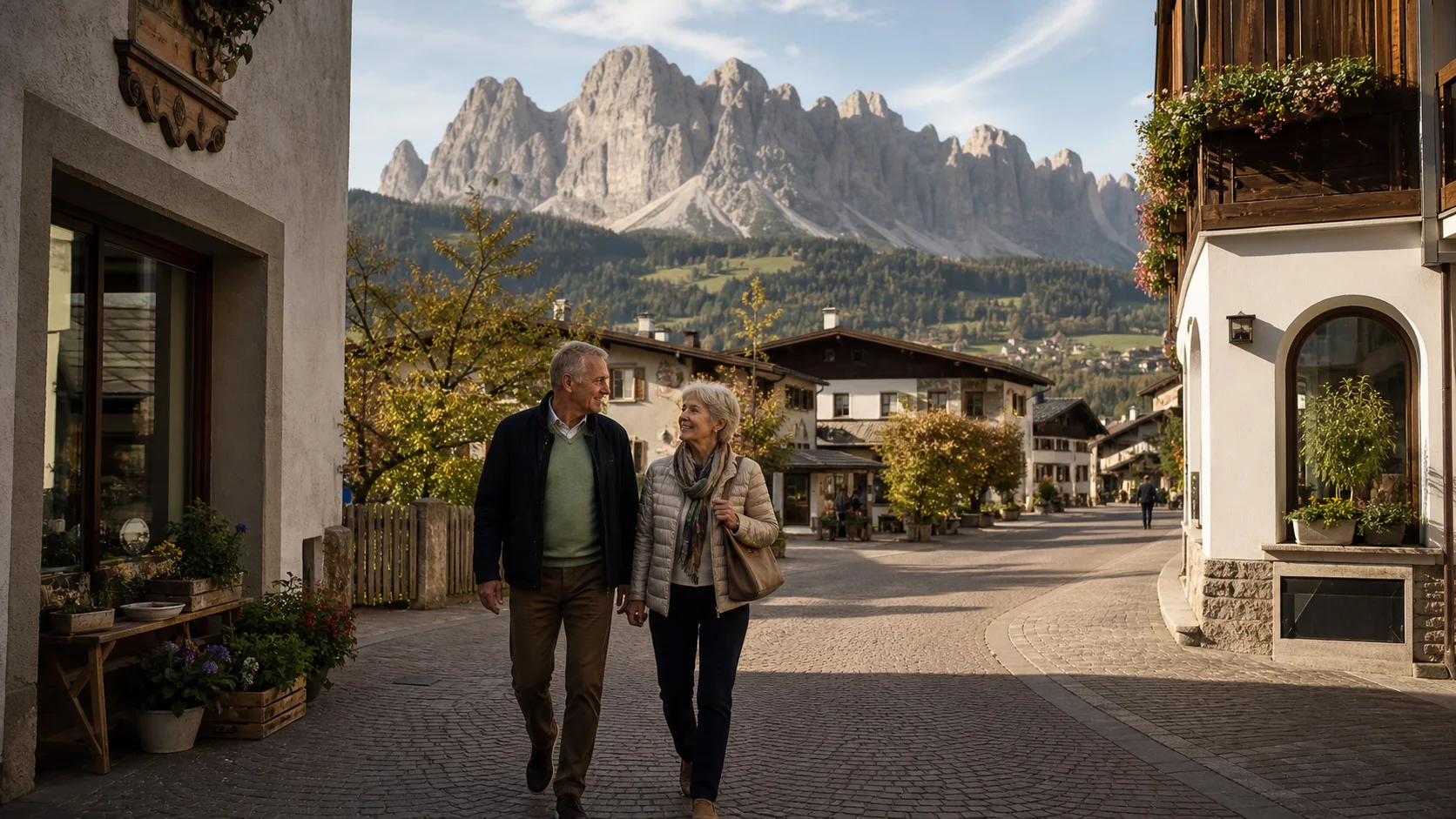 Older couple walking through Ortisei with the Dolomites behind the village