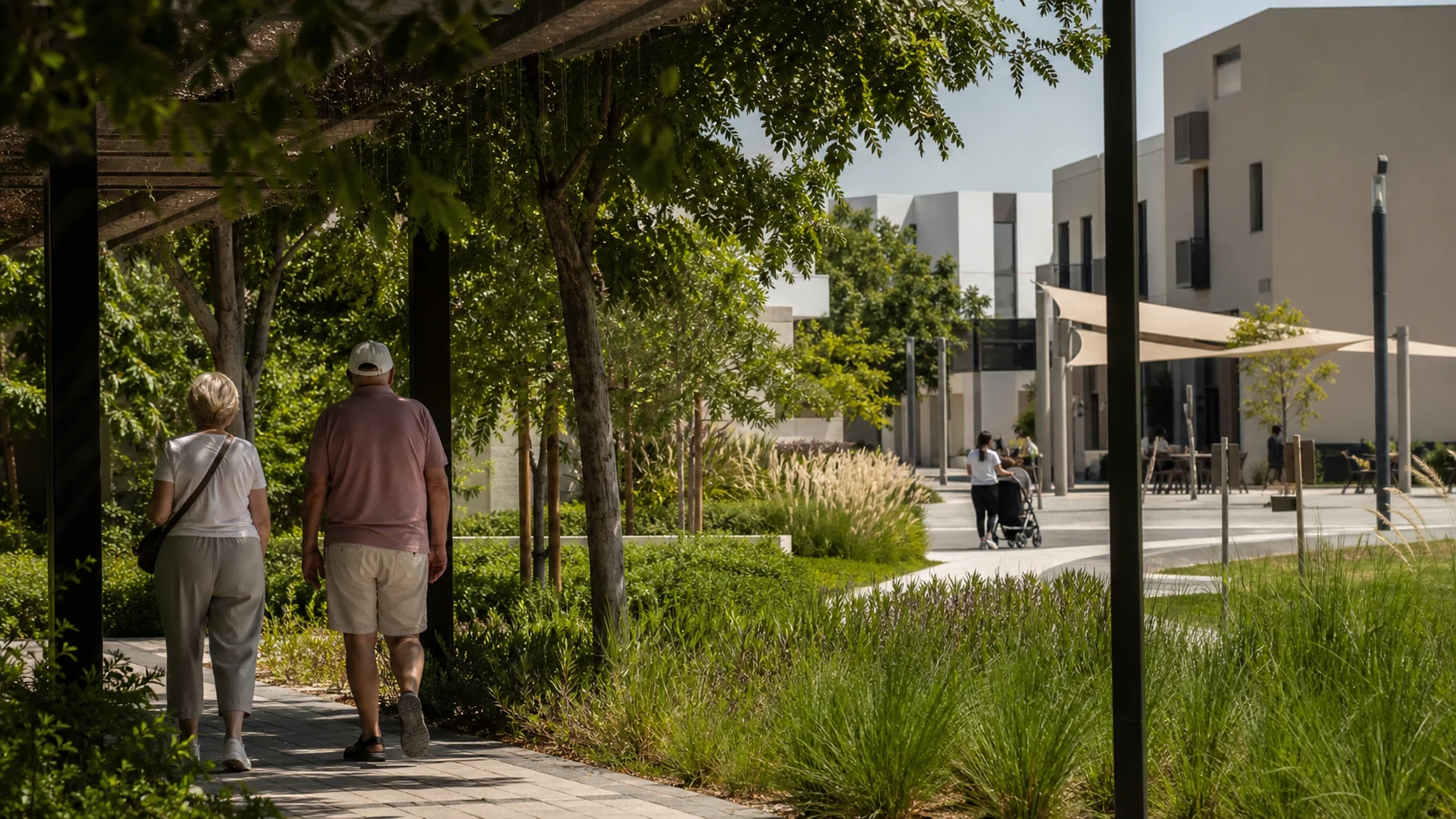 Shaded pedestrian life in Dubai Hills Estate