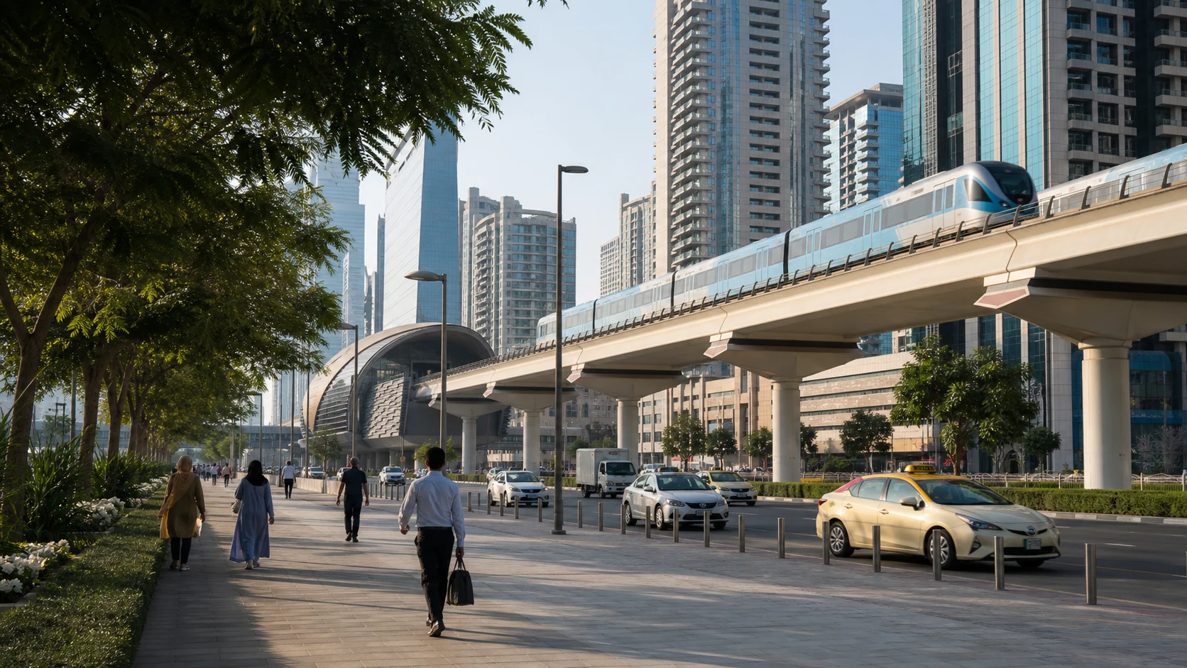 Dubai Metro passing through the city