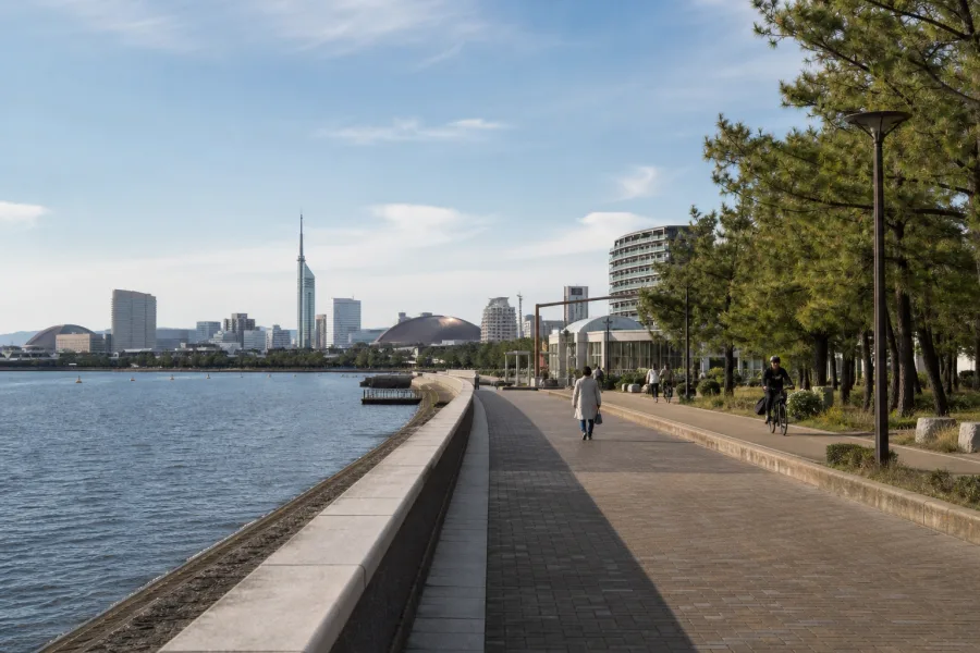 Fukuoka waterfront promenade connecting calm public space with the compact city