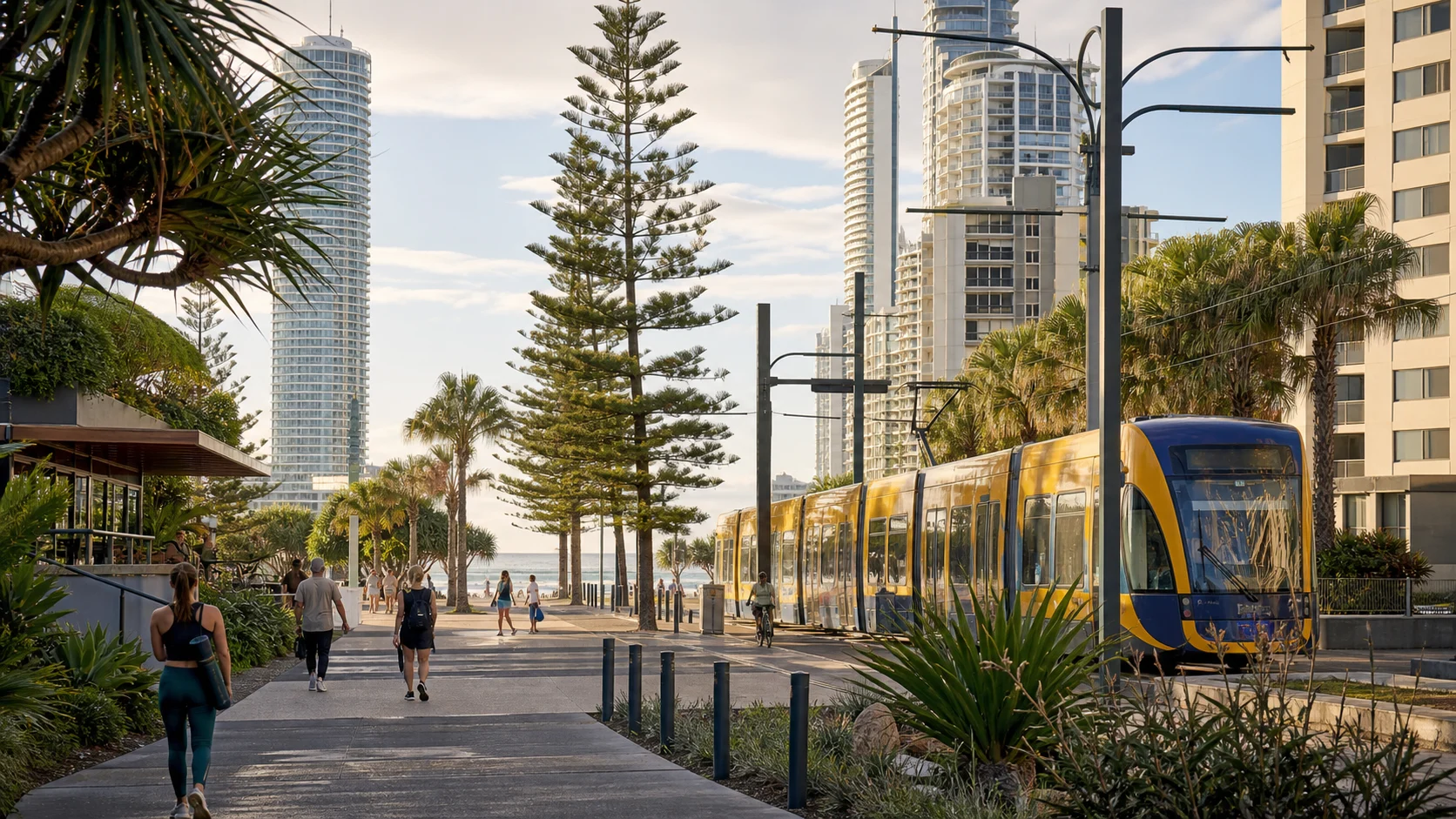Gold Coast light rail, subtropical streets and the beach at the end of the urban corridor