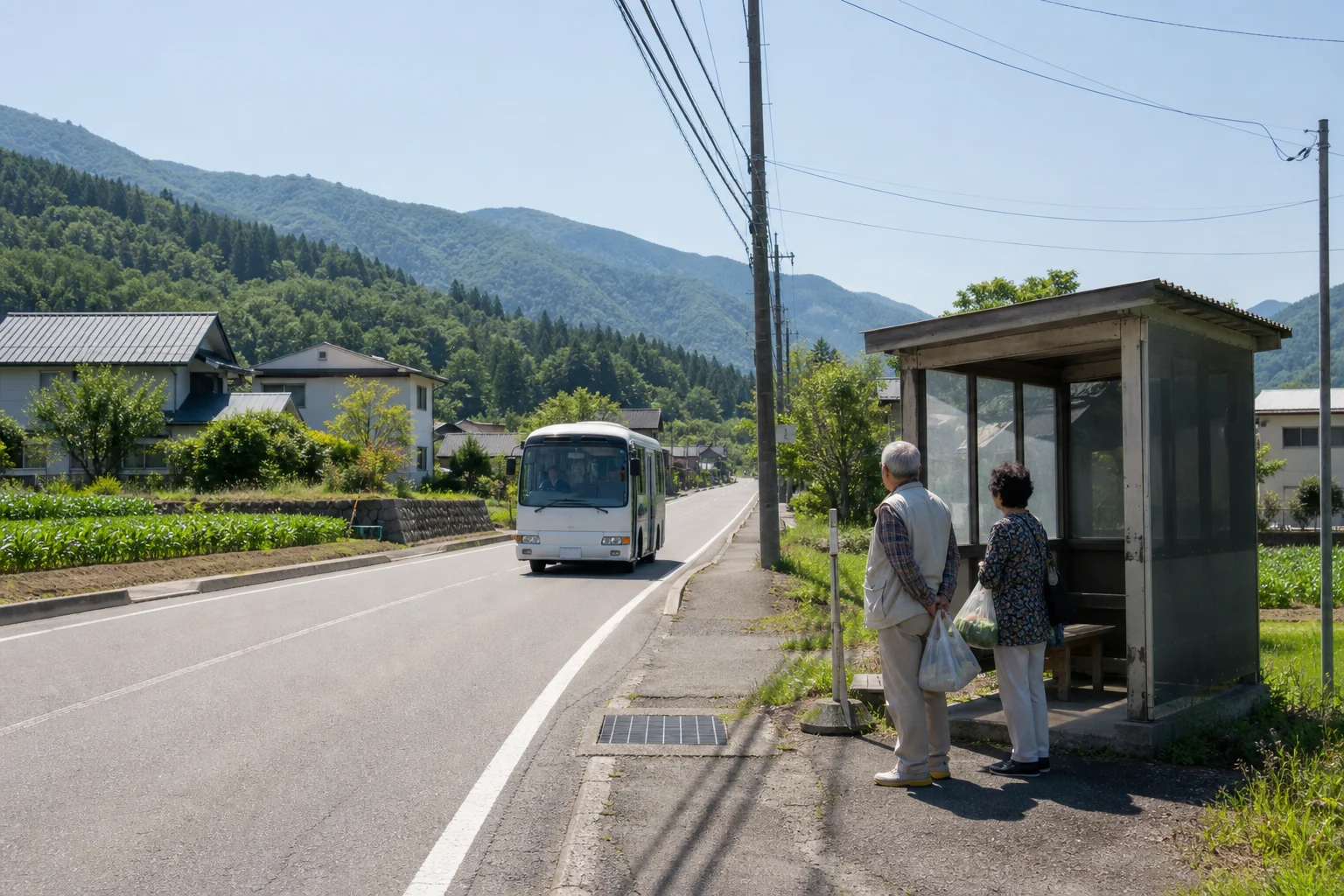 Residents near a Hakuba village bus stop during green season