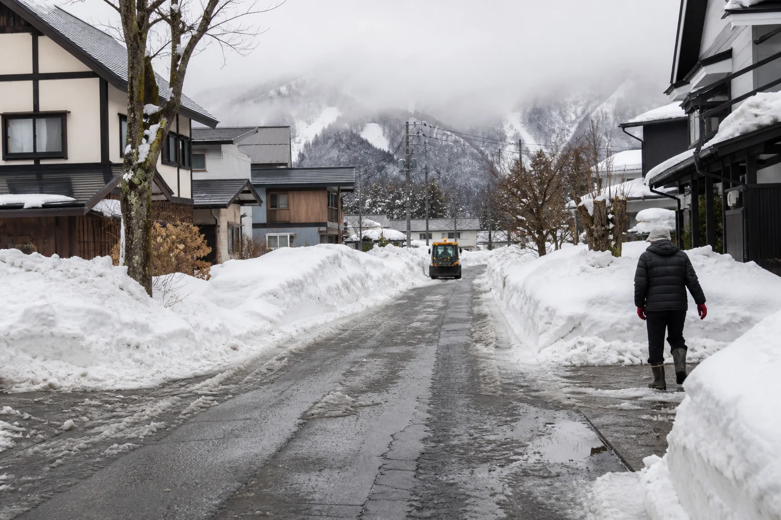 A cleared residential street in Hakuba after heavy winter snow