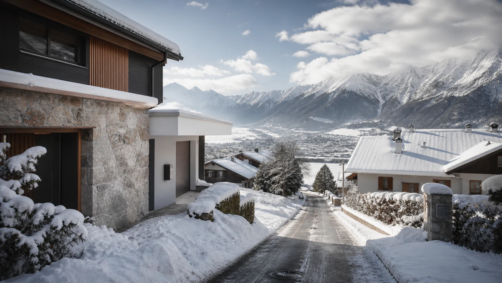 Tyrolean hillside homes beside a cleared snow-covered access road