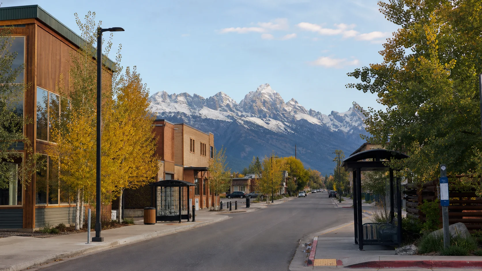 Jackson Wyoming town street with ordinary services and the Tetons beyond