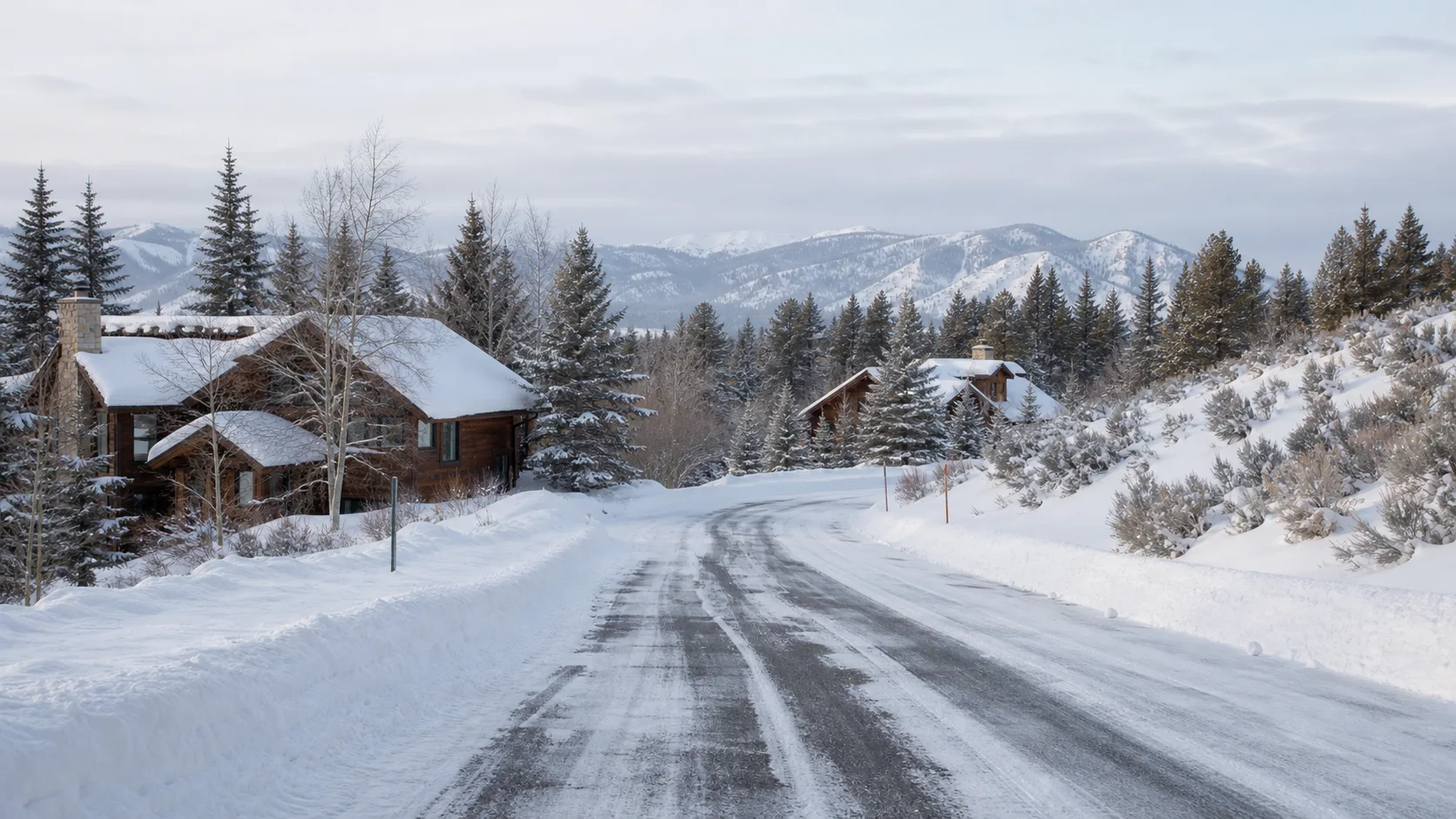 Jackson Hole homes beside a cleared winter road and snow-covered wildland edge