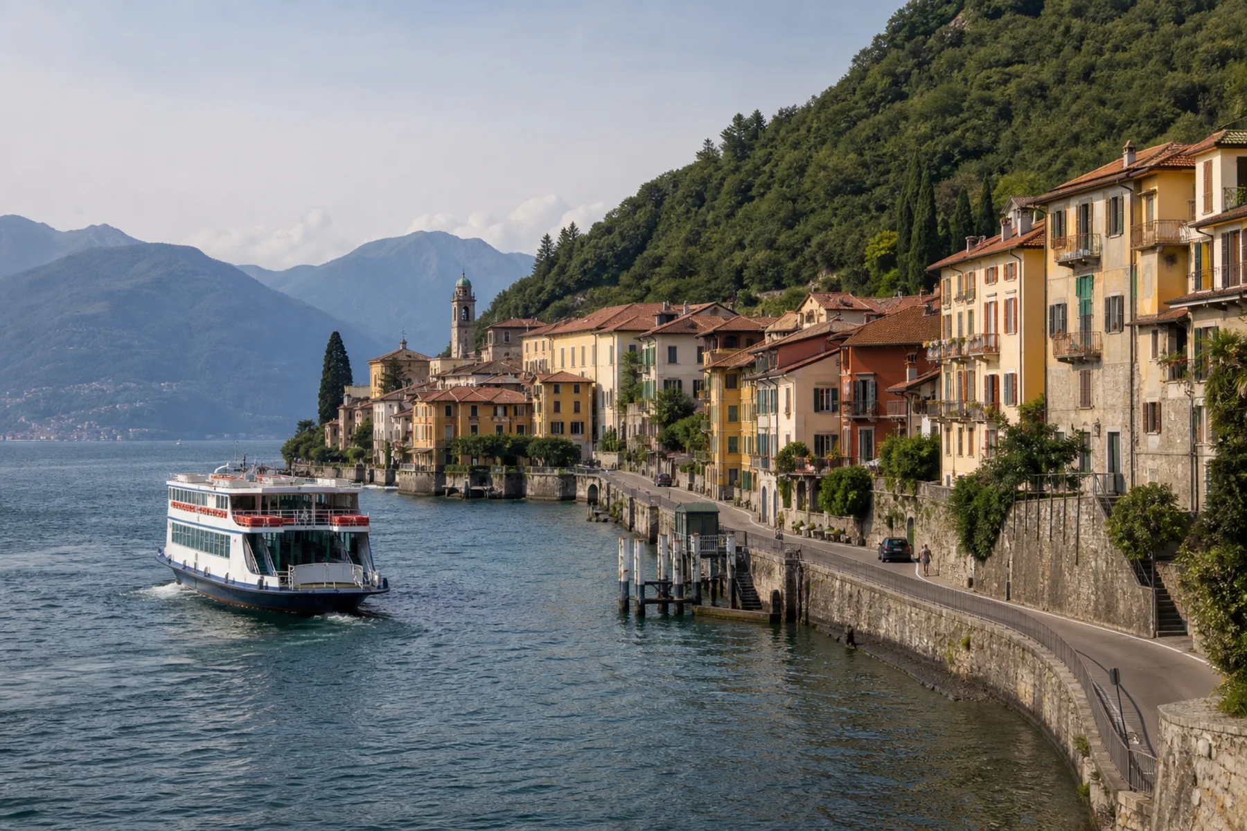A ferry approaching a central Lake Como village beneath steep slopes