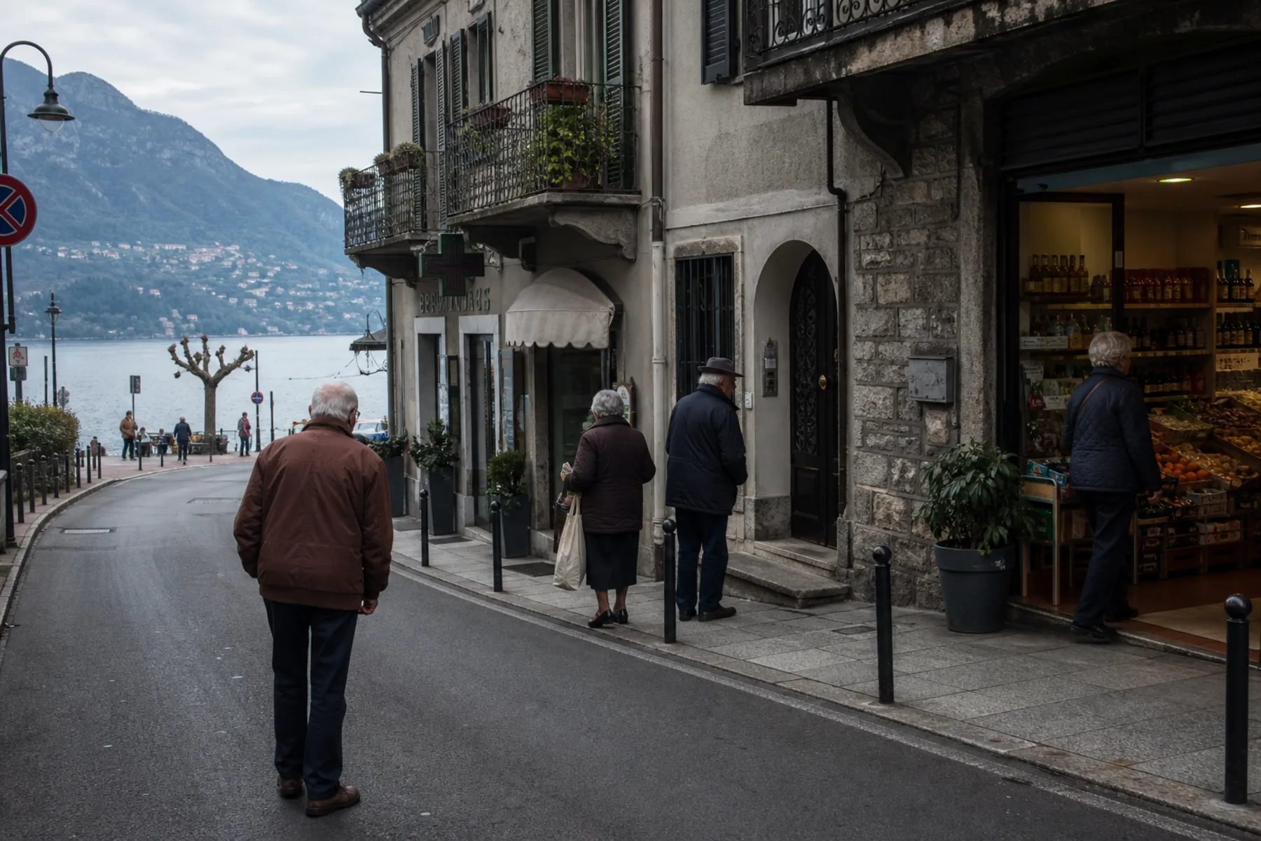 Lake Como town street with year-round shops and local movement