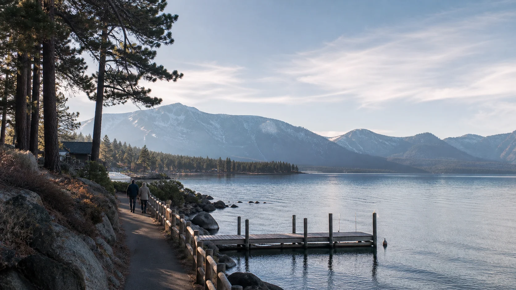 Mature residents walking beside Lake Tahoe on a calm alpine morning