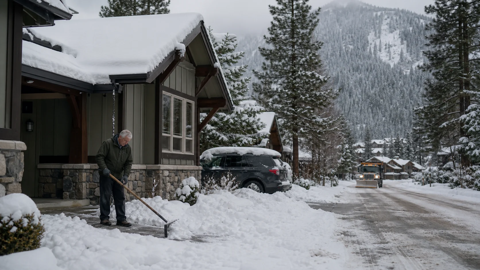 Resident clearing snow outside a Lake Tahoe home while a plough maintains the road