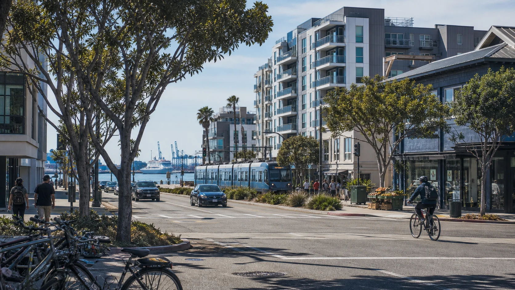 Long Beach urban waterfront with apartments, shops, transit and bicycles