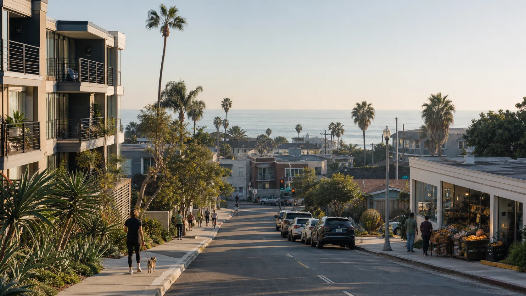 Southern California coastal neighbourhood connecting homes, daily services and the Pacific
