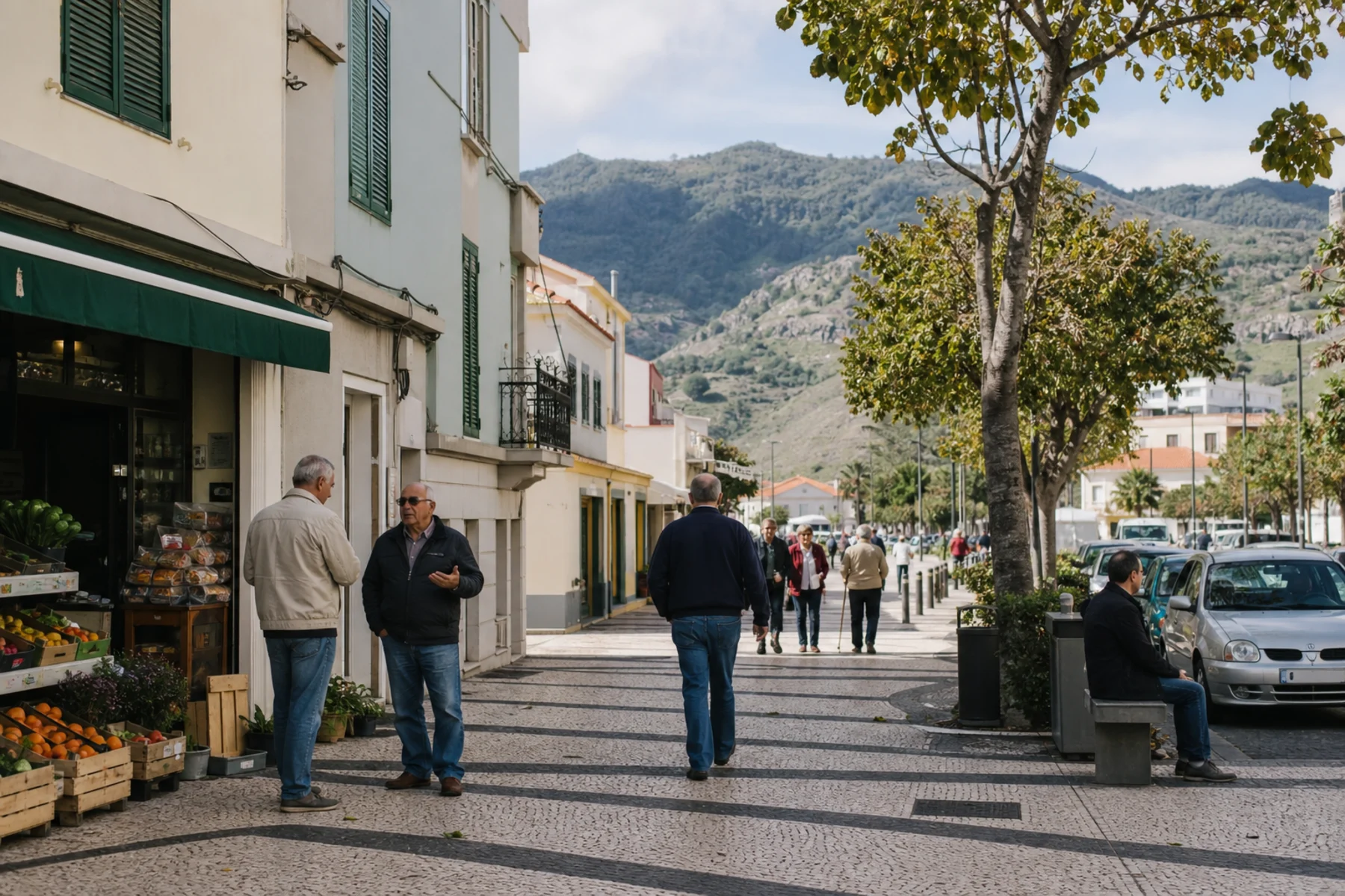 Residents on a shaded street in central Machico