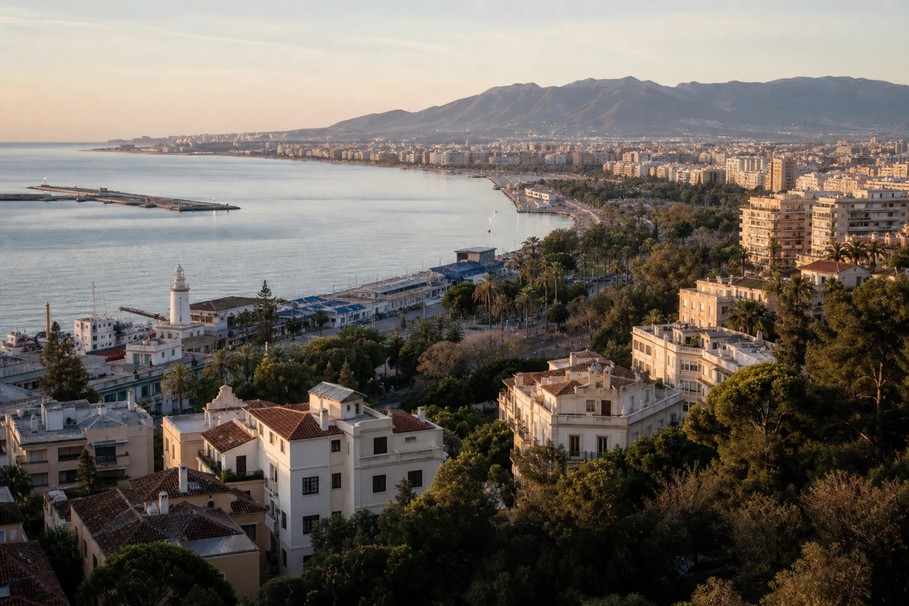 Málaga neighbourhoods, waterfront and coastline in morning light