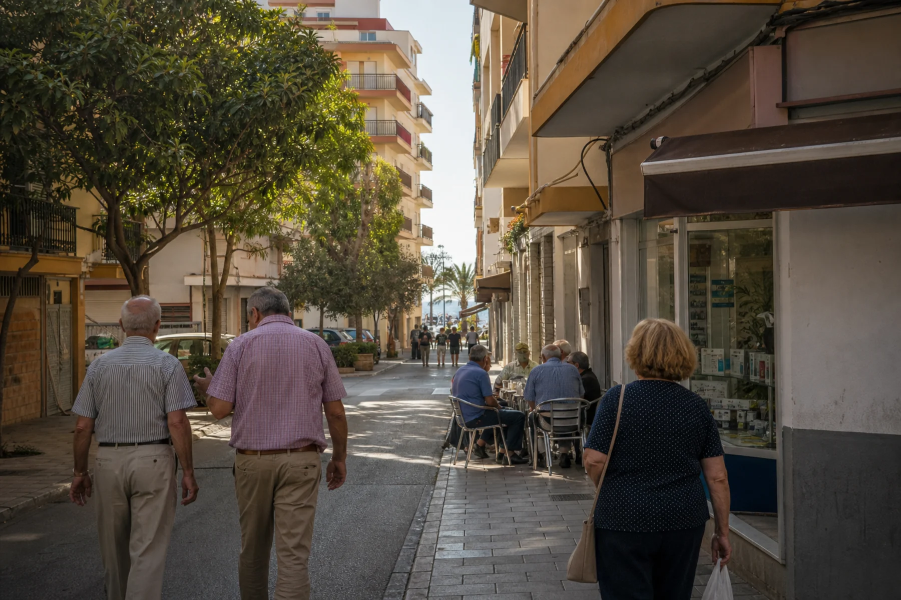 Older residents walking along a shaded street near the sea on the Costa del Sol