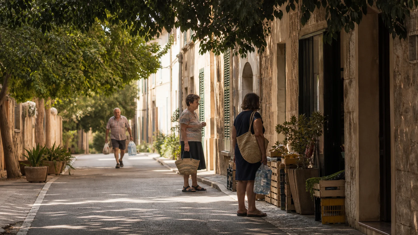 Residents carrying groceries along a shaded inland Mallorca street in summer