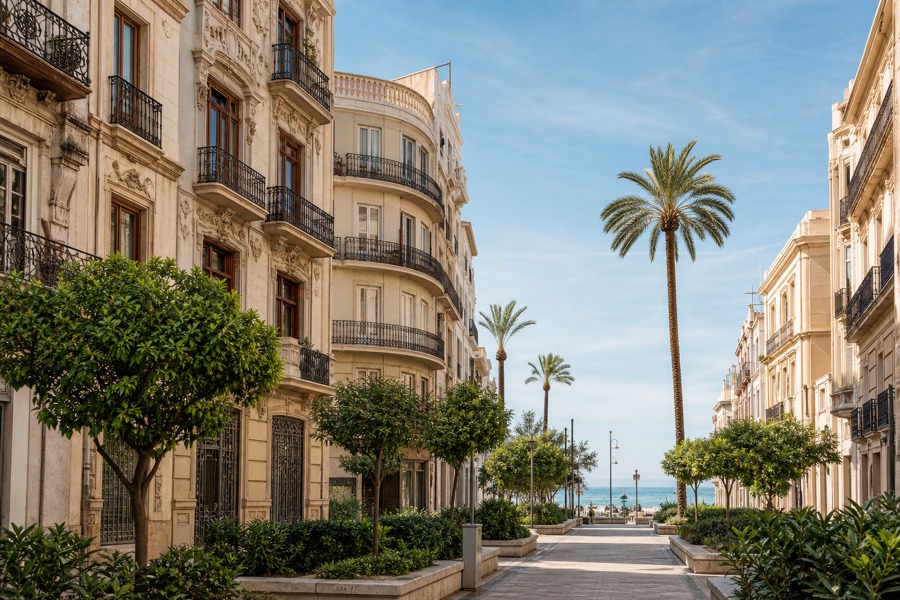 Valencia streetscape opening toward the Mediterranean