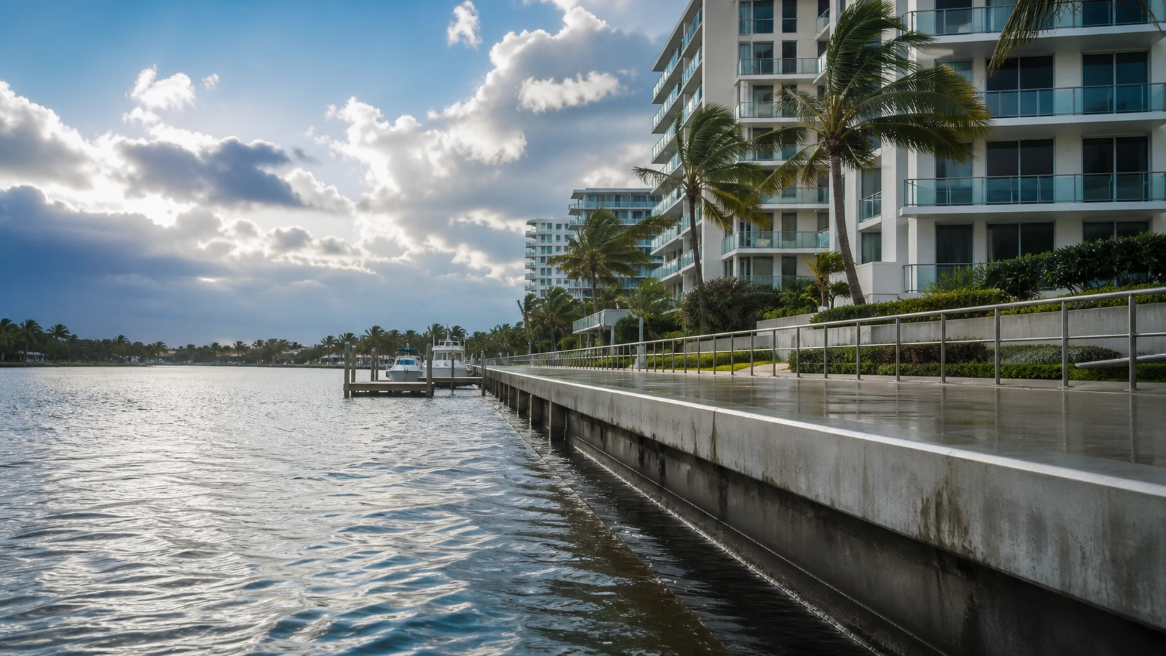 Fort Lauderdale Intracoastal seawall, homes and condominiums after coastal weather