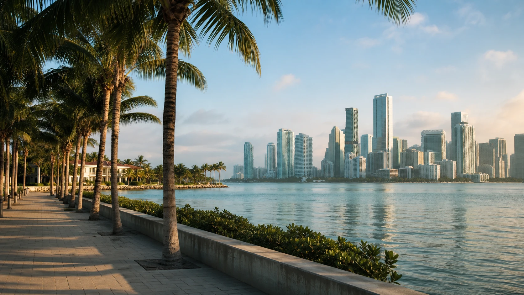 Biscayne Bay waterfront with Miami skyline and palms in calm morning light
