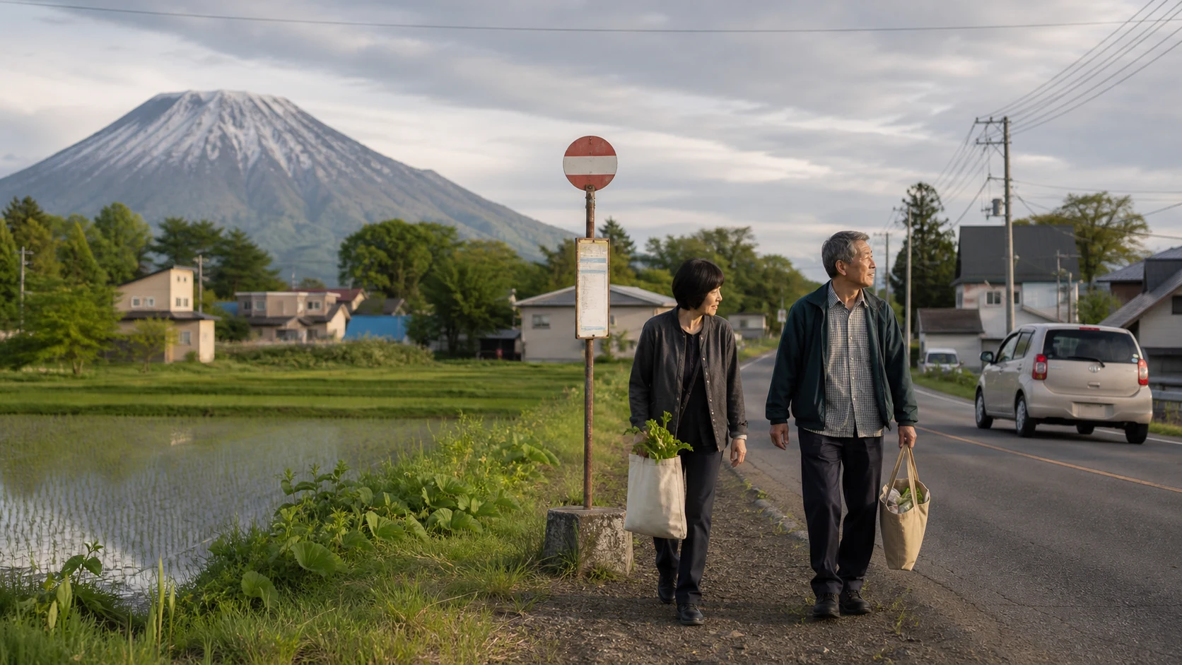 Mature residents carrying groceries near a rural Niseko bus stop in green season