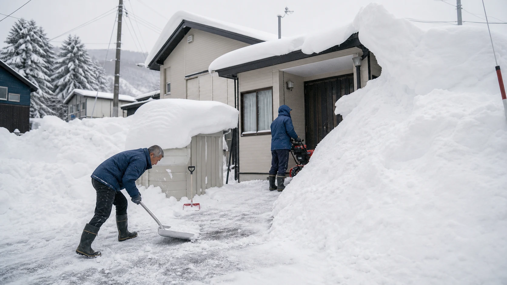 Residents clearing deep snow around a modest Niseko-area home