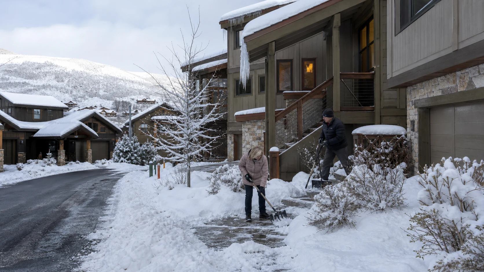 Residents clearing a Park City residential street after winter snow