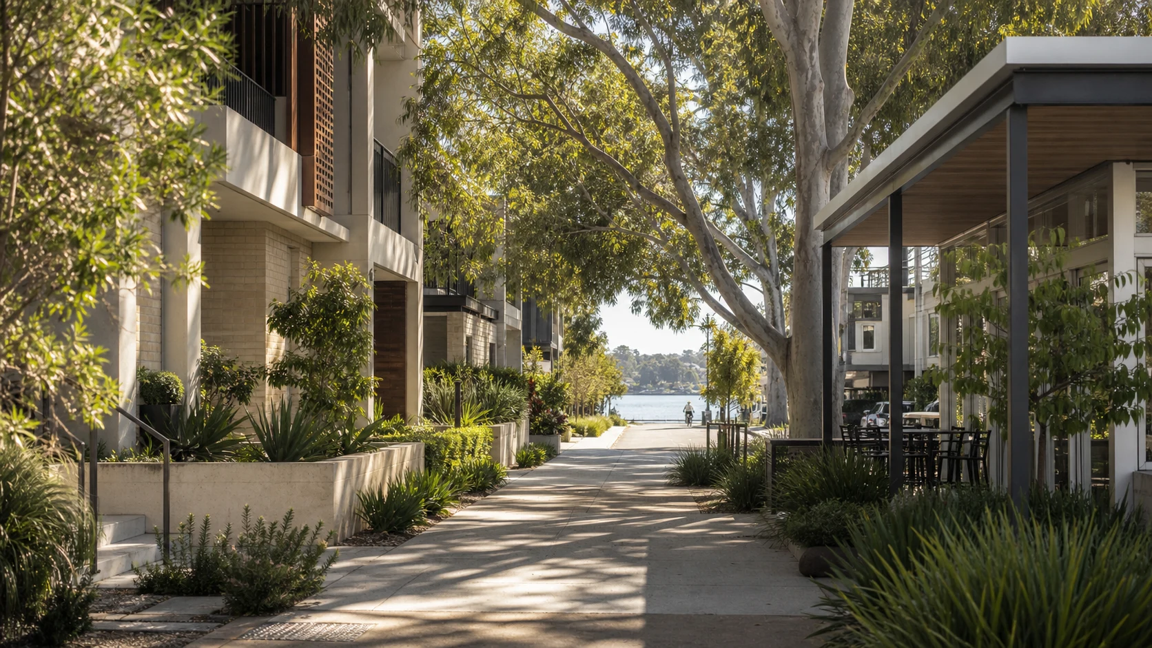 Shaded riverside residential street in Perth with contemporary low-rise homes and native planting
