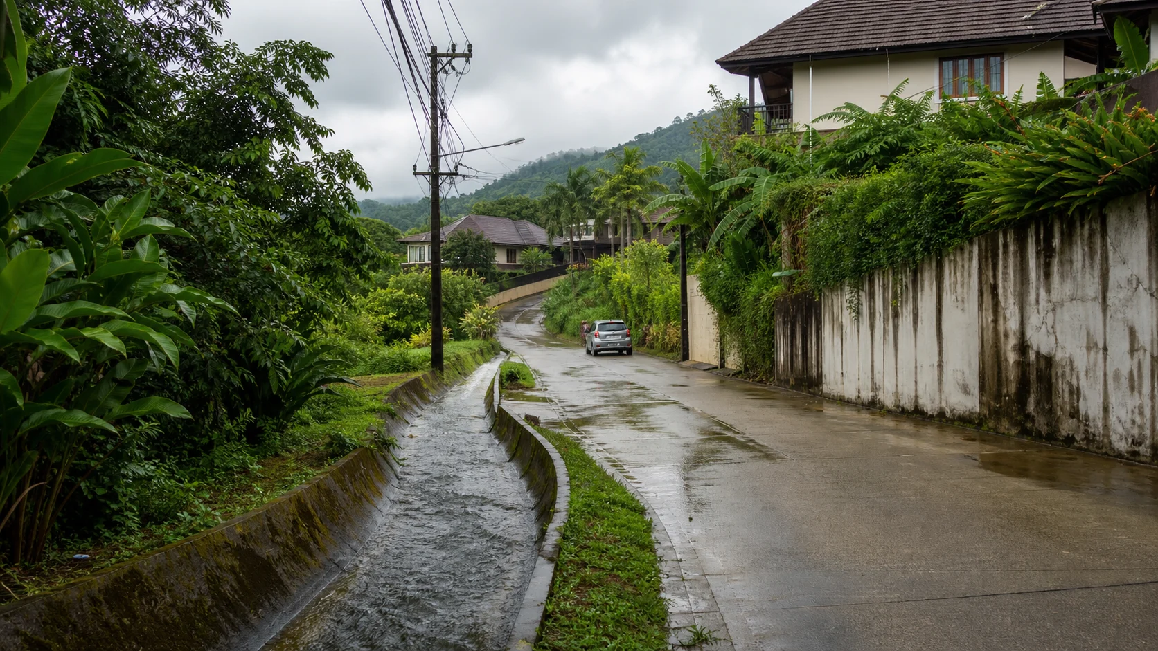 Tropical road conditions during heavy monsoon rain