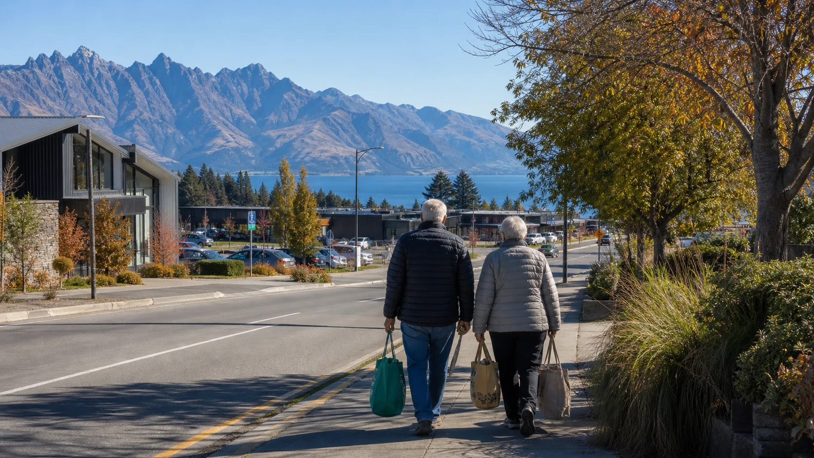 Older residents carrying groceries through Frankton with Lake Wakatipu and mountains beyond