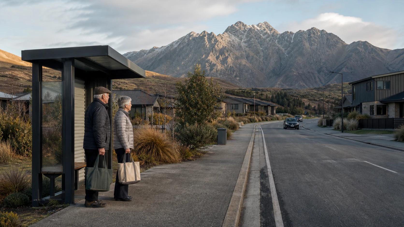 Residents waiting for a local bus in a planned Queenstown alpine neighbourhood