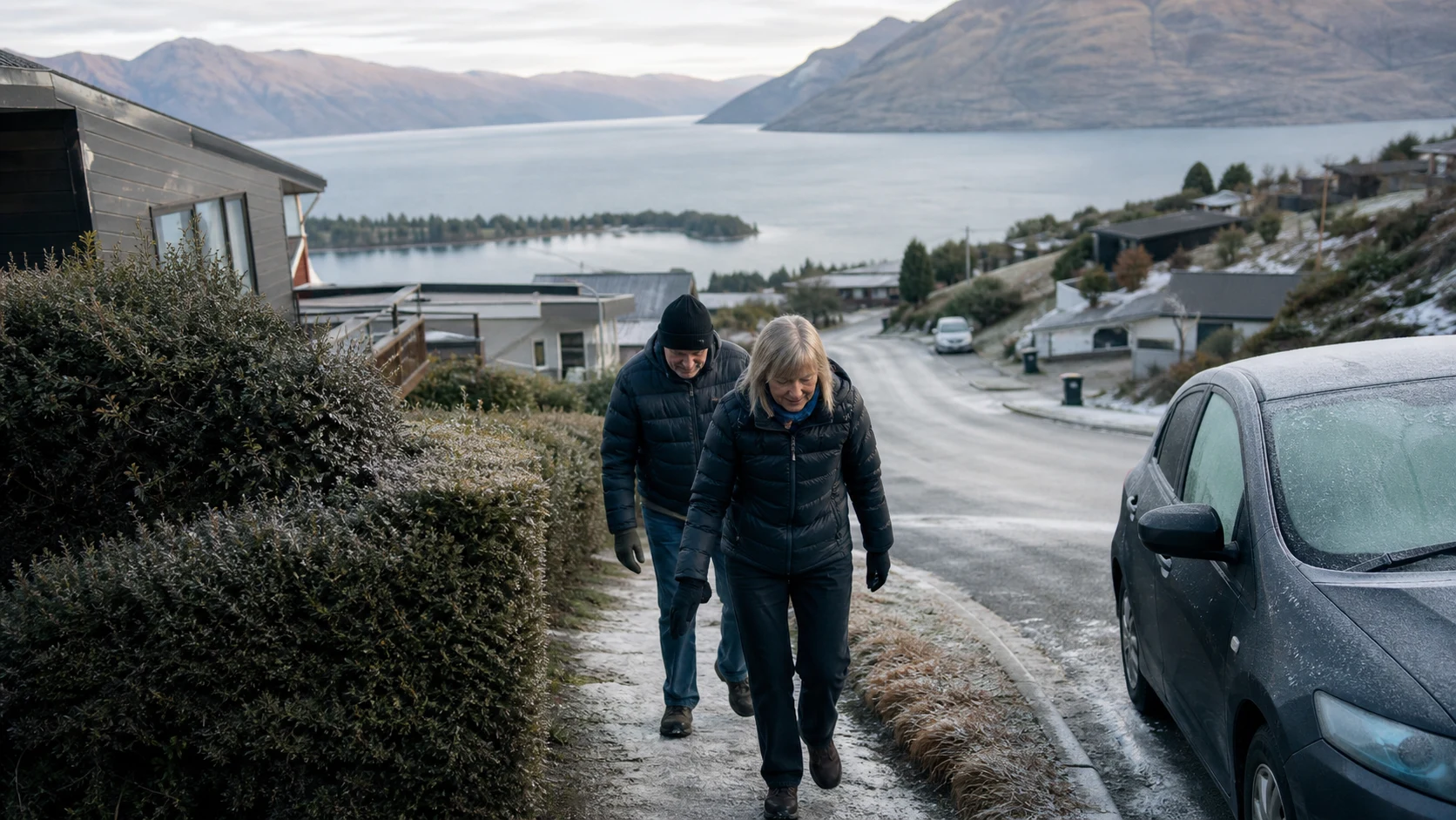 Mature couple walking beside a frosty sloping Queenstown street near a parked car