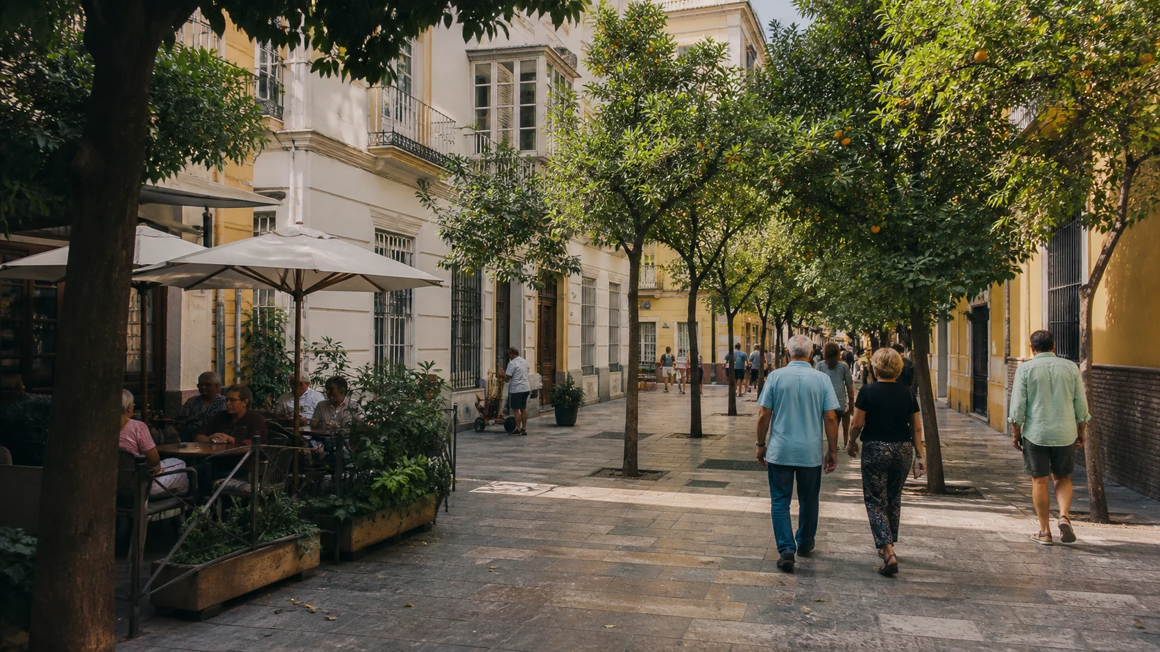 A shaded Málaga neighborhood where residents walk past cafés and Mediterranean planting