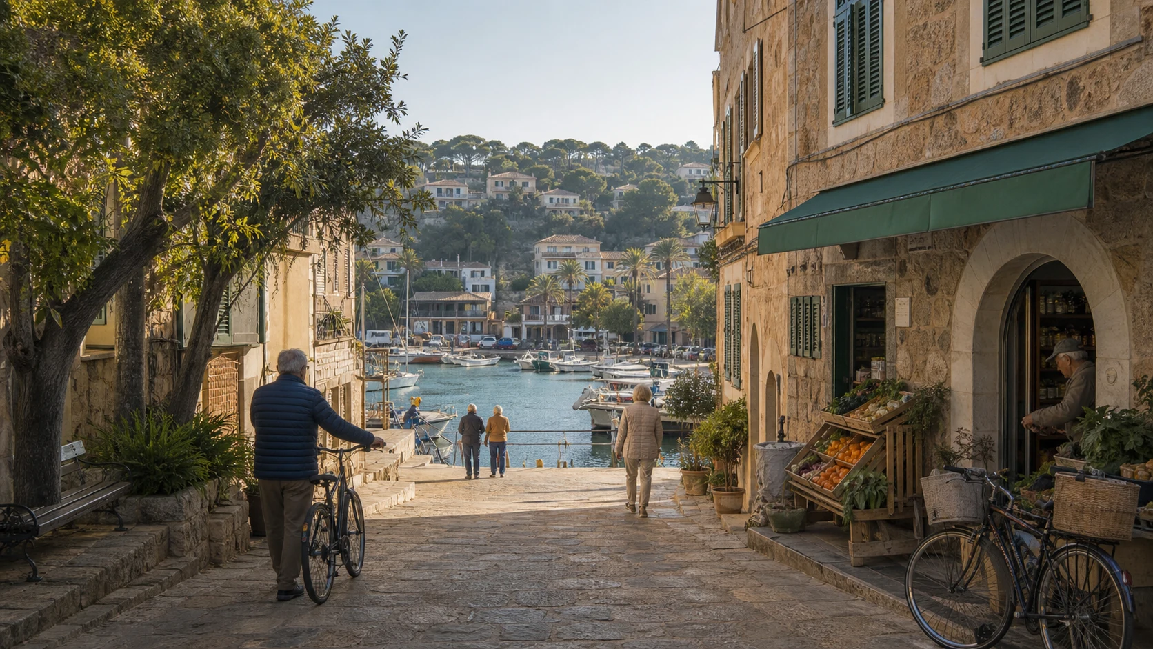 A lived-in Mallorcan coastal town with stone homes, local streets and the sea nearby