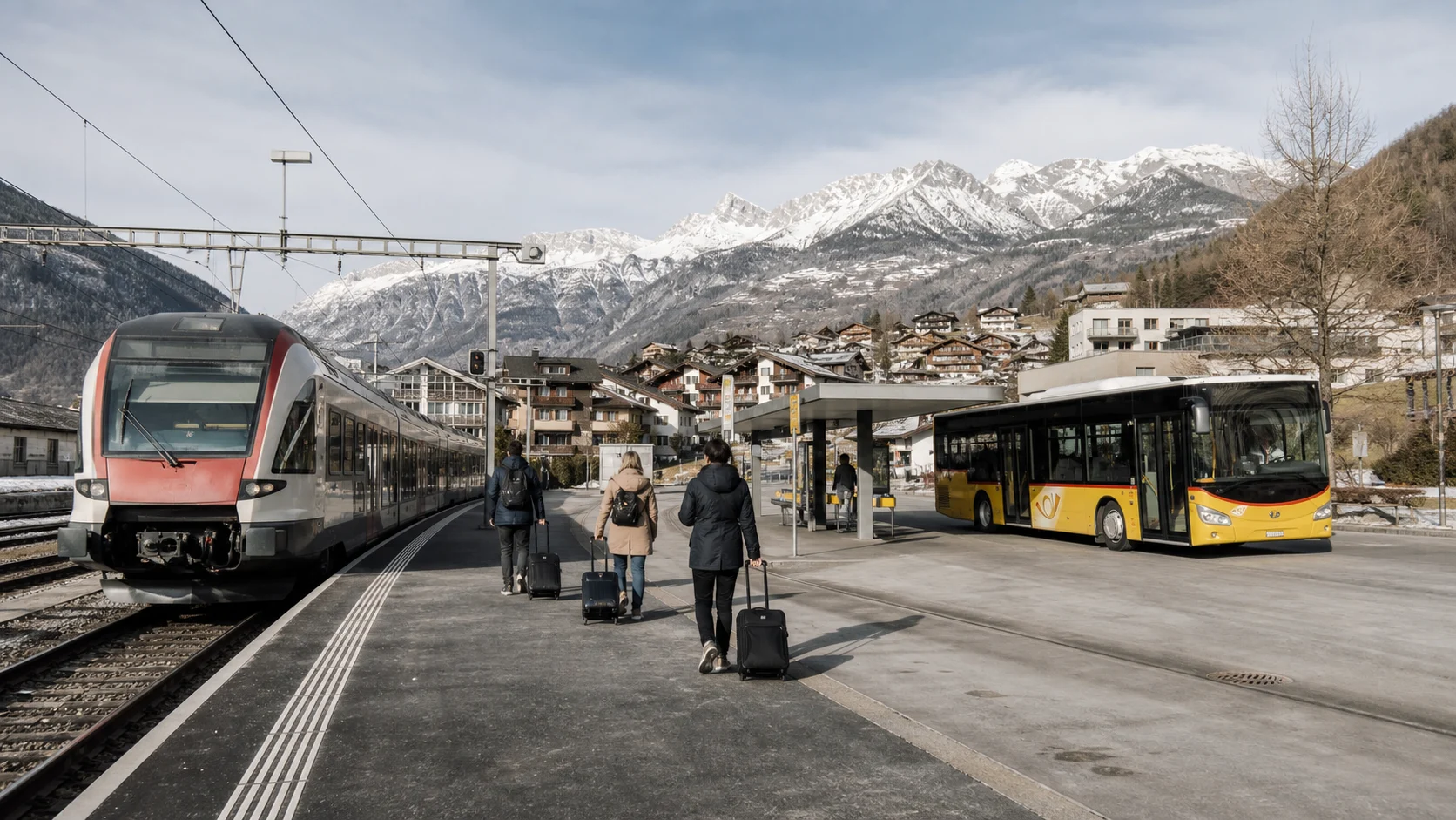 A Swiss mountain railway station with a train, PostBus and travellers