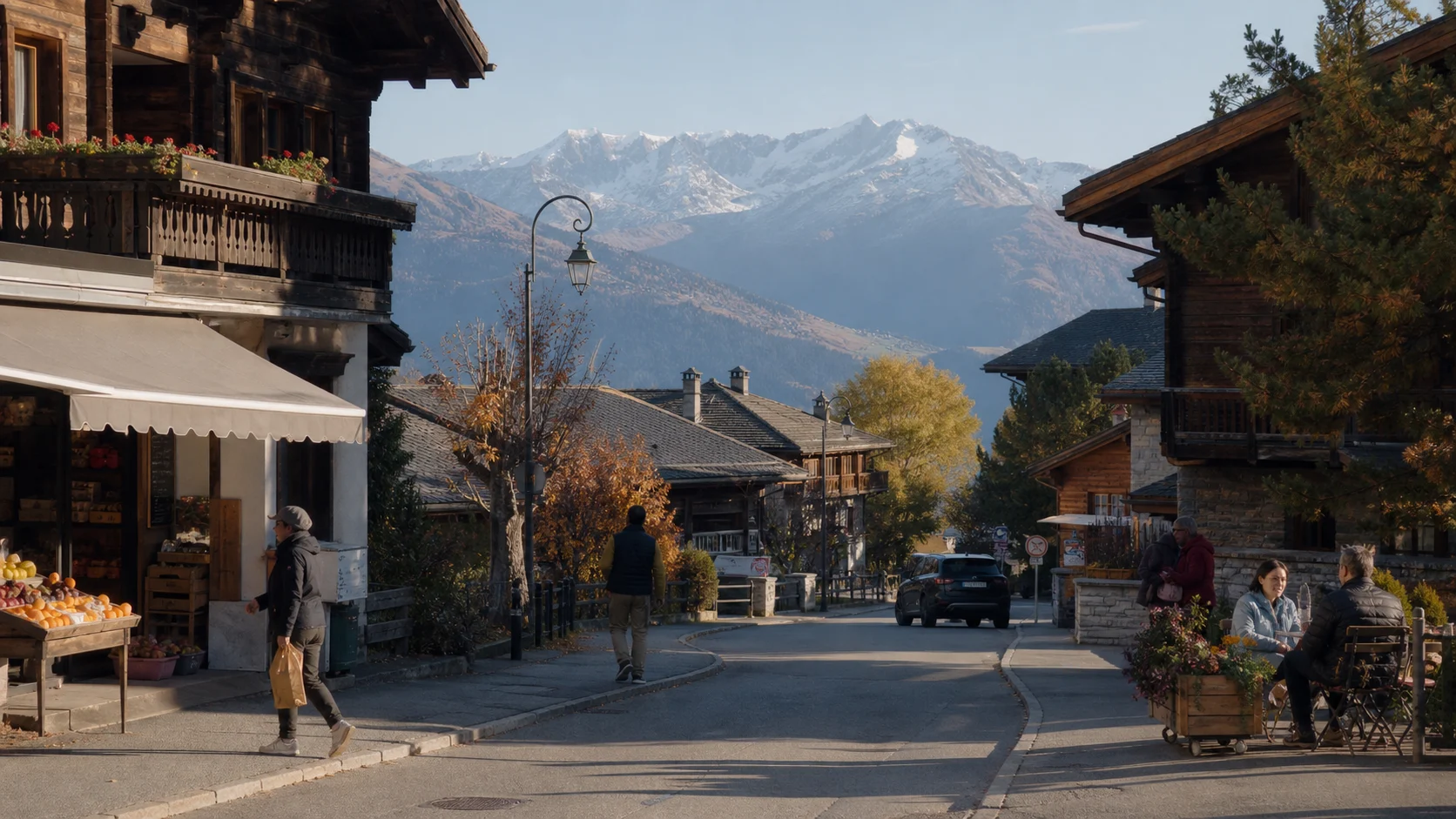 A functioning Swiss alpine village street with shops, chalets and mountains in autumn