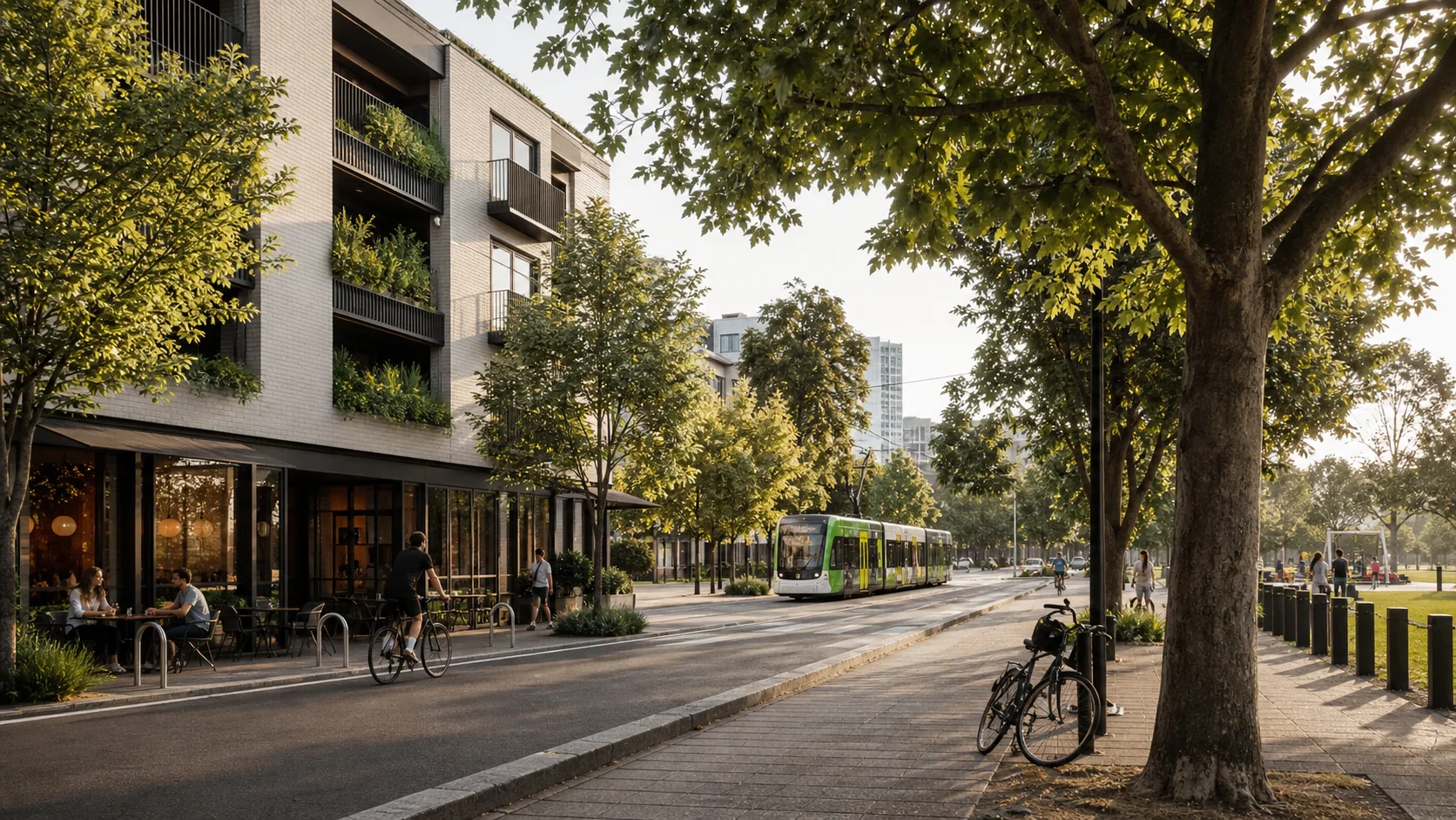 Tree-lined inner Melbourne street with apartments, cafe, bicycles, park and tram