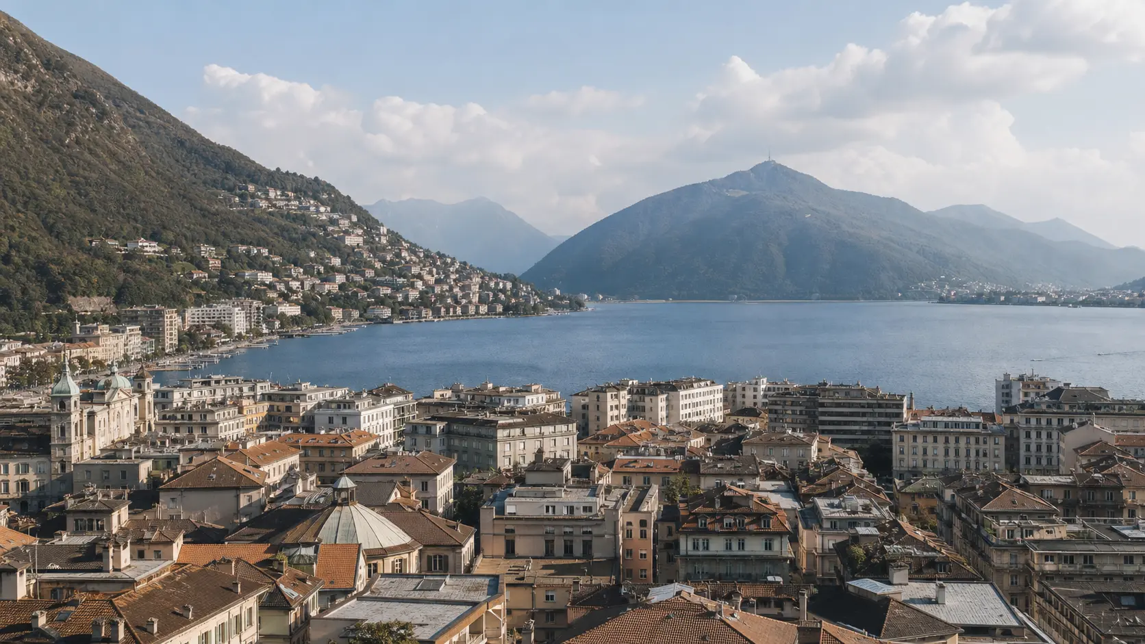 Lugano lakefront and mountains in Ticino