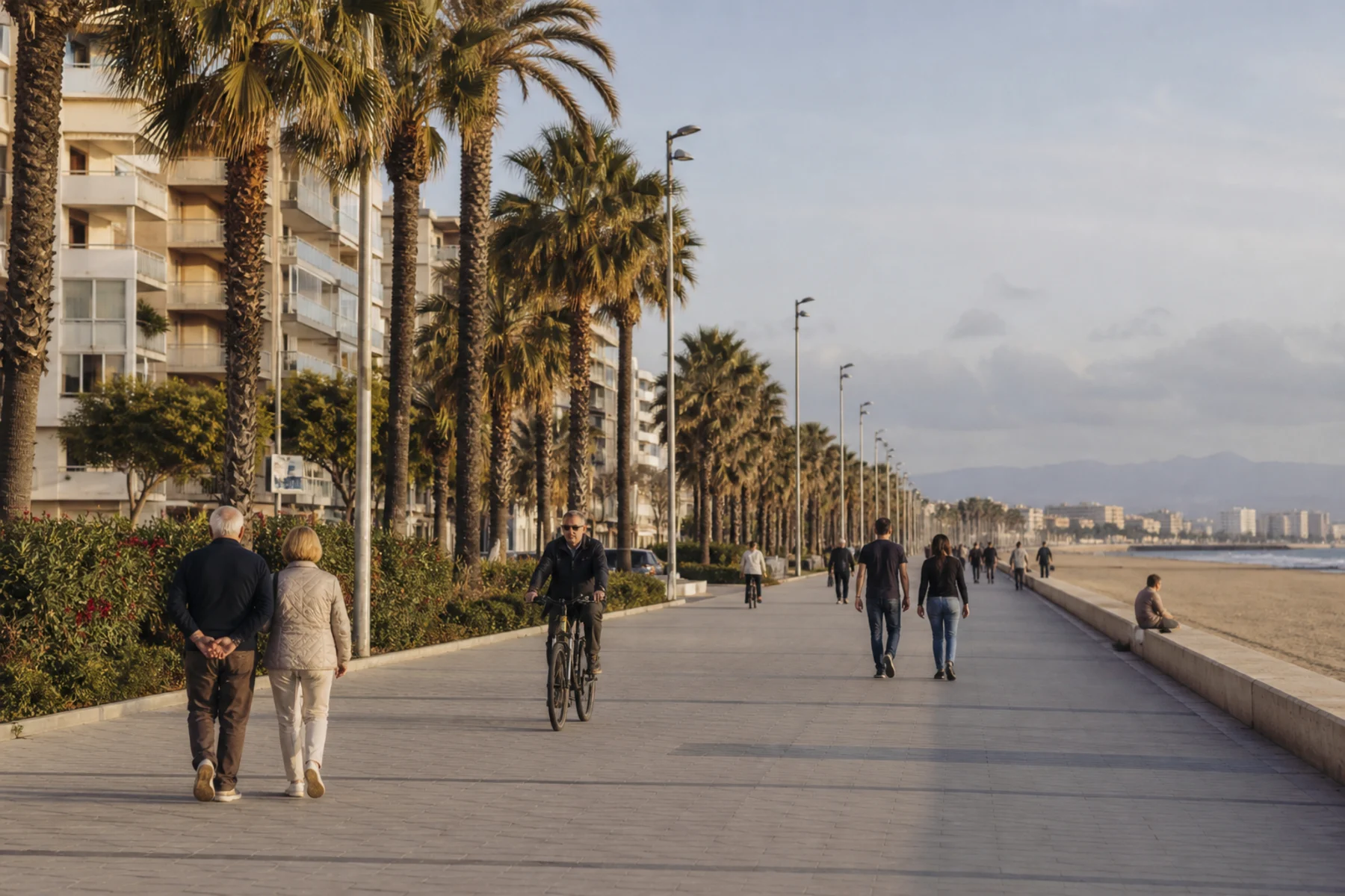 Valencia beach promenade with residents walking and cycling